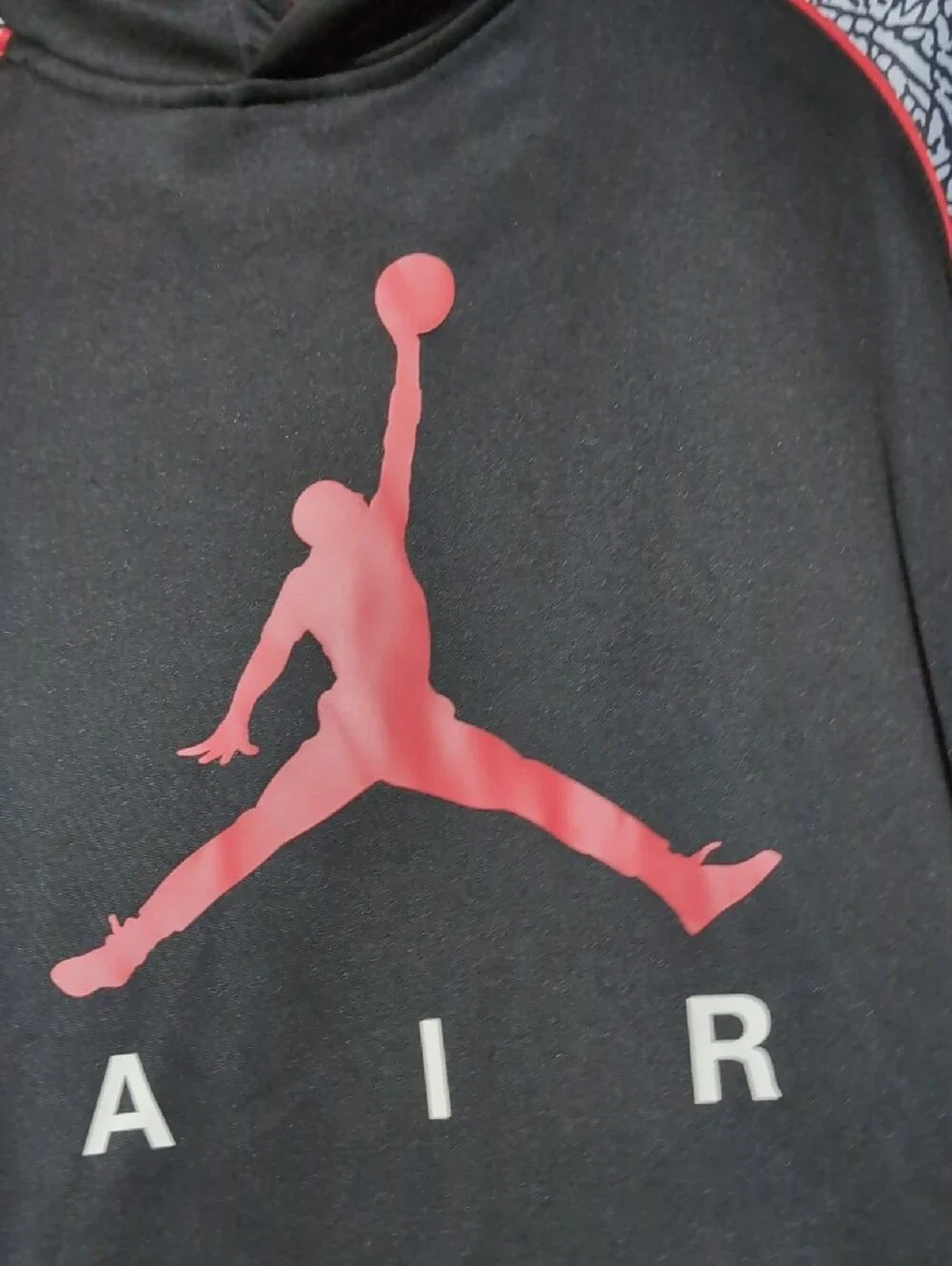Jordan Black Hoodie with Pink/Red Jumpman and Gray Patterned Sleeves